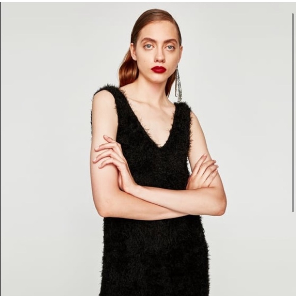 LIKE NEW Fuzzy Zara Black Midi Dress Soft Stretchy Winter Cozy Christmas Warm - Picture 2 of 4